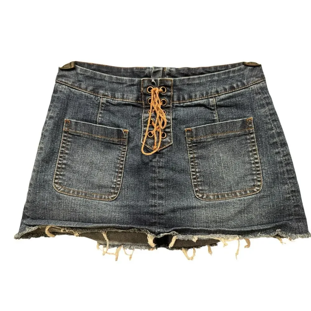 Justice Girls 14 Dark Wash Stretch Denim Lace Up Mini Skirt Skort Y2K Preppy